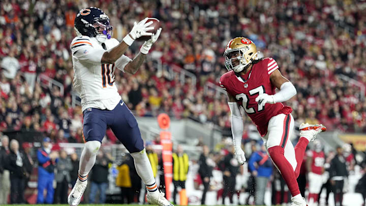 Luther Burden III hauls in one of his career-high eight receptions during the Bears' loss to San Francisco. Luther Burden III hauls in one of his career-high eight receptions during the Bears' loss to San Francisco.