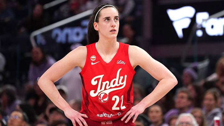 May 28, 2026; San Francisco, California, USA;  Indiana Fever guard Caitlin Clark (22) waits for play to resume against the Golden State Valkyries in the third quarter at Chase Center. Mandatory Credit: David Gonzales-Imagn Images