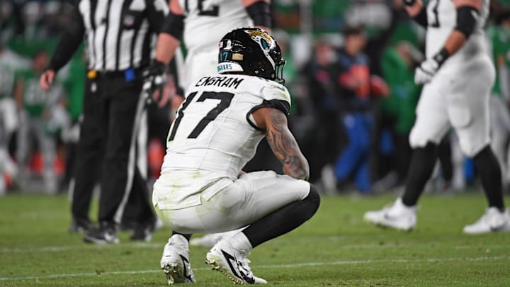 Nov 3, 2024; Philadelphia, Pennsylvania, USA; Jacksonville Jaguars tight end Evan Engram (17) reacts after the Philadelphia Eagles made an interception in the end zone  late in the fourth quarter at Lincoln Financial Field. Mandatory Credit: Eric Hartline-Imagn Images