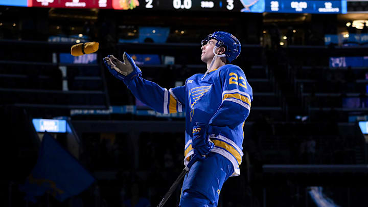 Dec 12, 2025; St. Louis, Missouri, USA; St. Louis Blues defenseman Logan Mailloux (23) tosses a shirt into the stands after he was named second star of the game in a victory over the Chicago Blackhawks at Enterprise Center. Mandatory Credit: Jeff Curry-Imagn Images Dec 12, 2025; St. Louis, Missouri, USA; St. Louis Blues defenseman Logan Mailloux (23) tosses a shirt into the stands after he was named second star of the game in a victory over the Chicago Blackhawks at Enterprise Center. Mandatory Credit: Jeff Curry-Imagn Images
