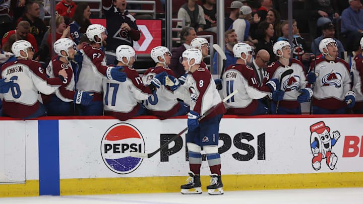 Apr 2, 2025; Chicago, Illinois, USA; Colorado Avalanche defenseman Cale Makar (8) celebrates a third period goal against the Chicago Blackhawks at United Center. Mandatory Credit: Talia Sprague-Imagn Images