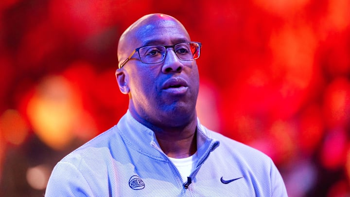 Jan 9, 2026; Phoenix, Arizona, USA; New York Knicks head coach Mike Brown against the Phoenix Suns at Mortgage Matchup Center. Mandatory Credit: Mark J. Rebilas-Imagn Images