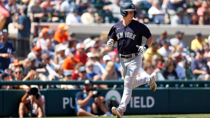 Mar 28, 2022; Lakeland, Florida, USA; New York Yankees second baseman Cooper Bowman (74) reacts after hitting a three run home run in the sixth inning during spring training at Publix Field at Joker Marchant Stadium. Mandatory Credit: Nathan Ray Seebeck-USA TODAY Sports Mar 28, 2022; Lakeland, Florida, USA; New York Yankees second baseman Cooper Bowman (74) reacts after hitting a three run home run in the sixth inning during spring training at Publix Field at Joker Marchant Stadium. Mandatory Credit: Nathan Ray Seebeck-USA TODAY Sports