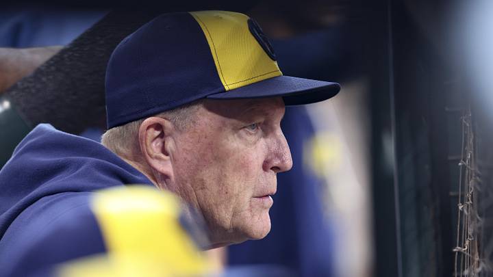 May 30, 2026; Houston, Texas, USA; Milwaukee Brewers manager Pat Murphy looks on from the dugout during the game against the Houston Astros at Daikin Park. Mandatory Credit: Troy Taormina-Imagn Images