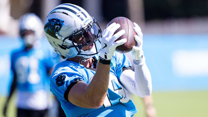 Jul 26, 2025; Charlotte, NC, USA; Carolina Panthers wide receiver Adam Thielen (19) makes a catch during training camp. Mandatory Credit: Scott Kinser-Imagn Images