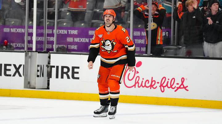 Apr 30, 2026; Anaheim, California, USA; Anaheim Ducks left wing Chris Kreider (20) reacts at the end of game six of the first round of the 2026 Stanley Cup Playoffs against the Edmonton Oilers at Honda Center. Mandatory Credit: Kirby Lee-Imagn Images