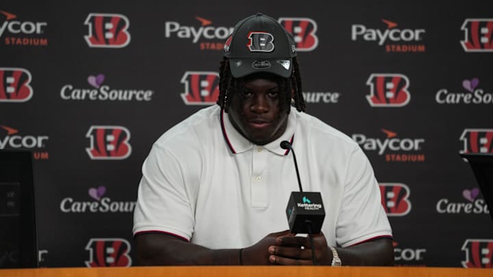 Amarius Mims joins the Bengals, speaking at a press conference at Paycor Stadium on Friday April 26, 2024. Amarius Mims joins the Bengals, speaking at a press conference at Paycor Stadium on Friday April 26, 2024.