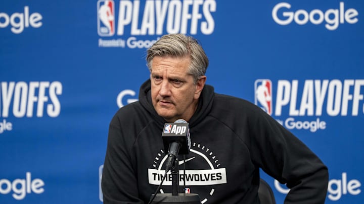 May 8, 2026; Minneapolis, Minnesota, USA; Minnesota Timberwolves head coach Chris Finch talks to the media before game three of the second round of the 2026 NBA Playoffs against the San Antonio Spurs at Target Center. Mandatory Credit: Jesse Johnson-Imagn Images