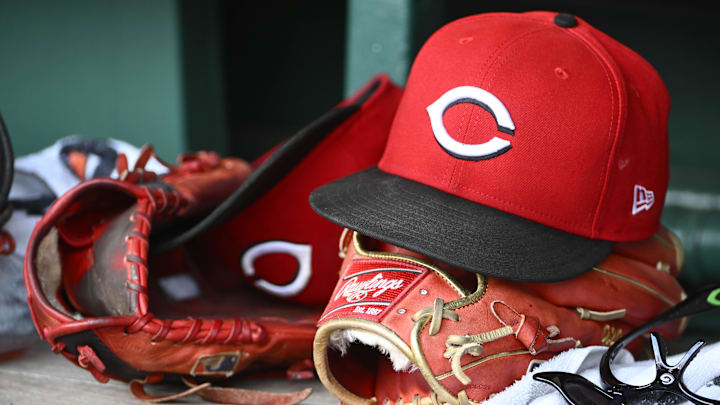 Jul 23, 2025; Washington, District of Columbia, USA; General view of Cincinnati Reds hat during the game against the Washington Nationals at Nationals Park. Mandatory Credit: Brad Mills-Imagn Images Jul 23, 2025; Washington, District of Columbia, USA; General view of Cincinnati Reds hat during the game against the Washington Nationals at Nationals Park. Mandatory Credit: Brad Mills-Imagn Images