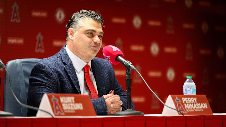 Oct 22, 2025; Los Angeles, CA, USA; Los Angeles Angels general manager Perry Minasian speaks during a press conference at Angel Stadium. Mandatory Credit: William Liang-Imagn Images
