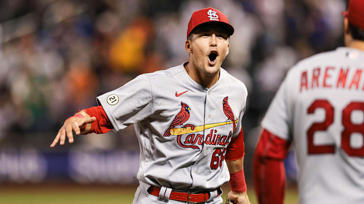 Sep 15, 2021; New York City, New York, USA; St. Louis Cardinals right fielder Lars Nootbaar (68) reacts after robbing New York Mets first baseman Pete Alonso (not pictured) of a home run during the seventh inning in front of third baseman Nolan Arenado (28) at Citi Field. Mandatory Credit: Vincent Carchietta-Imagn Images Sep 15, 2021; New York City, New York, USA; St. Louis Cardinals right fielder Lars Nootbaar (68) reacts after robbing New York Mets first baseman Pete Alonso (not pictured) of a home run during the seventh inning in front of third baseman Nolan Arenado (28) at Citi Field. Mandatory Credit: Vincent Carchietta-Imagn Images