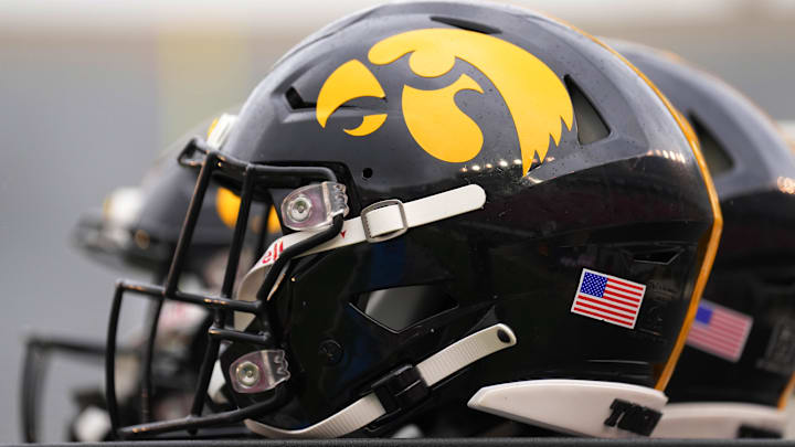 Oct 14, 2023; Madison, Wisconsin, USA;  General view of Iowa Hawkeyes helmets prior to the game against the Wisconsin Badgers at Camp Randall Stadium.