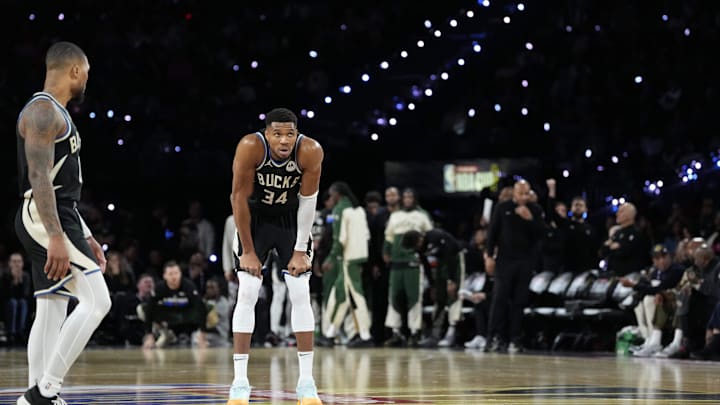Dec 14, 2024; Las Vegas, Nevada, USA; Milwaukee Bucks forward Giannis Antetokounmpo (34) looks on during the fourth quarter against the Atlanta Hawks in a semifinal of the 2024 Emirates NBA Cup at T-Mobile Arena. Mandatory Credit: Kyle Terada-Imagn Images