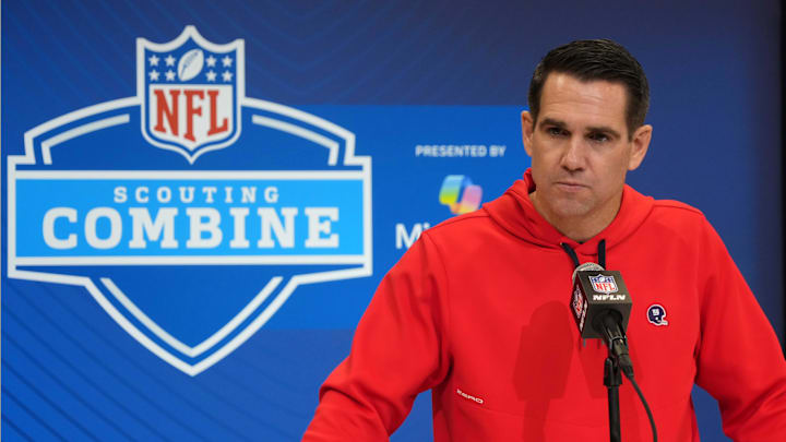 Feb 25, 2025; Indianapolis, IN, USA; New York Giants general manager Joe Schoen speaks during the NFL Scouting Combine at the Indiana Convention Center. Feb 25, 2025; Indianapolis, IN, USA; New York Giants general manager Joe Schoen speaks during the NFL Scouting Combine at the Indiana Convention Center.
