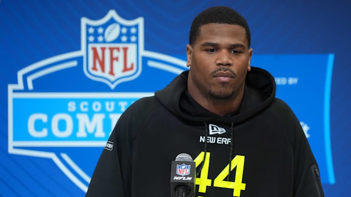 Feb 27, 2025; Indianapolis, IN, USA; Penn State defensive lineman Abdul Carter (DL44) during the 2025 NFL Scouting Combine at the Indiana Convention Center. Feb 27, 2025; Indianapolis, IN, USA; Penn State defensive lineman Abdul Carter (DL44) during the 2025 NFL Scouting Combine at the Indiana Convention Center.