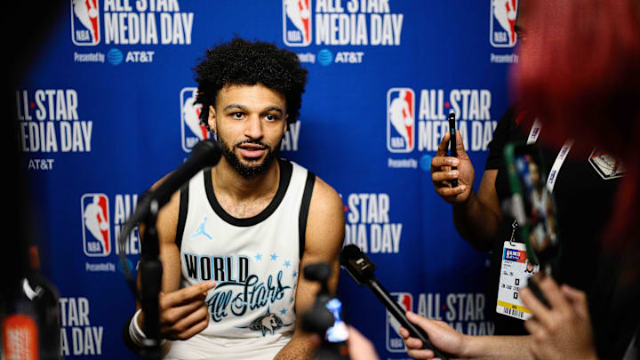 Feb 14, 2026; Inglewood, California, USA; Jamal Murray speaks during interviews at media day at Intuit Dome. Mandatory Credit: William Liang-Imagn Images
