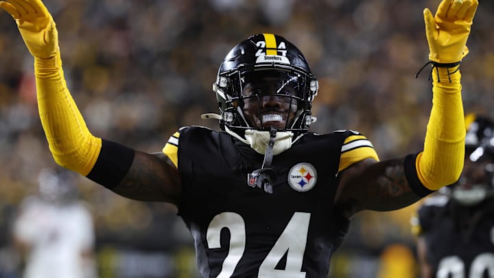 Jan 12, 2026; Pittsburgh, PA, USA; Pittsburgh Steelers cornerback Joey Porter Jr. (24) reacts after a play during the second half of an AFC Wild Card Round game against the Houston Texans at Acrisure Stadium. Mandatory Credit: Charles LeClaire-Imagn Images