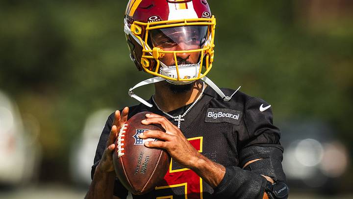 Washington Commanders quarterback Jayden Daniels works in practice as he gets ready for Week 5 against the New York Giants. Washington Commanders quarterback Jayden Daniels works in practice as he gets ready for Week 5 against the New York Giants.