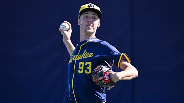 Milwaukee Brewers pitcher Jacob Misiorowski (93) warms up during spring training workouts Saturday, February 15, 2025, at the American Family Fields of Phoenix in Phoenix, Arizona.