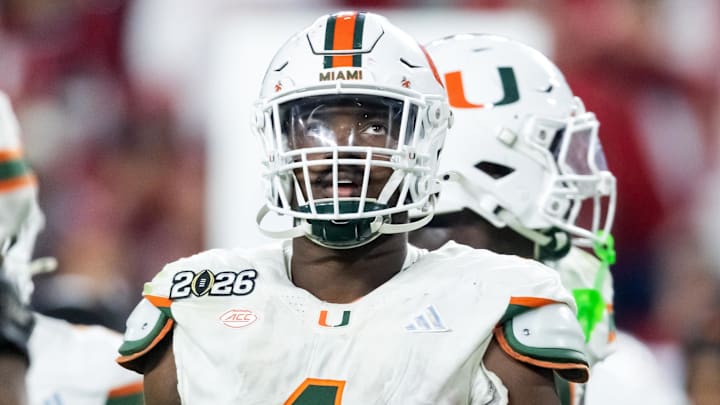 Jan 19, 2026; Miami Gardens, FL, USA; Miami Hurricanes defensive lineman Rueben Bain Jr. (4) against the Indiana Hoosiers during the College Football Playoff National Championship game at Hard Rock Stadium. Mandatory Credit: Mark J. Rebilas-Imagn Images Jan 19, 2026; Miami Gardens, FL, USA; Miami Hurricanes defensive lineman Rueben Bain Jr. (4) against the Indiana Hoosiers during the College Football Playoff National Championship game at Hard Rock Stadium. Mandatory Credit: Mark J. Rebilas-Imagn Images