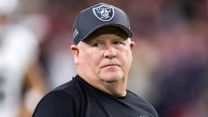 Aug 23, 2025; Glendale, Arizona, USA; Las Vegas Raiders offensive coordinator Chip Kelly against the Arizona Cardinals during a preseason NFL game at State Farm Stadium.