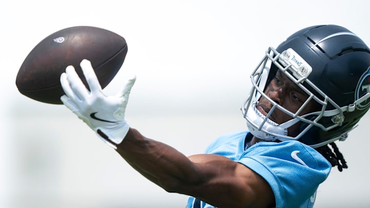 Tennessee Titans wide receiver TJ Sheffield makes a one-hand grab during drills.