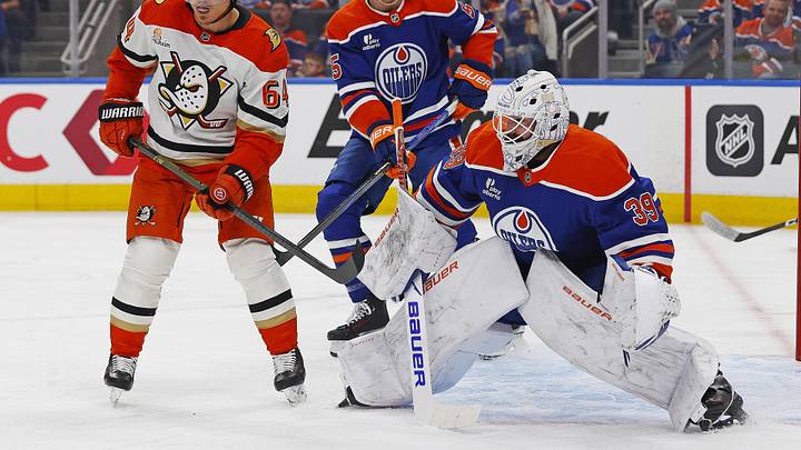 Apr 28, 2026; Edmonton, Alberta, CAN; Anaheim Ducks forward Mikael Granlund (64) looks for a loose puck in front of Edmonton Oilers goaltender Connor Ingram (39) during the second period in game five of the first round of the 2026 Stanley Cup Playoffs at Rogers Place. Mandatory Credit: Perry Nelson-Imagn Images