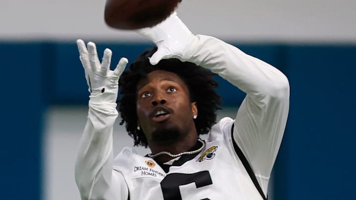 Jacksonville Jaguars safety Darnell Savage (6) catches a pass during the second day of a mandatory minicamp Tuesday, June 11, 2024 at EverBank Stadium’s Miller Electric Center in Jacksonville, Fla. [Corey Perrine/Florida Times-Union]