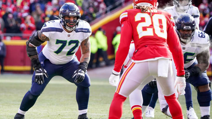 Dec 24, 2022; Kansas City, Missouri, USA; Seattle Seahawks offensive tackle Abraham Lucas (72) at the line of scrimmage against the Kansas City Chiefs during the game at GEHA Field at Arrowhead Stadium. 