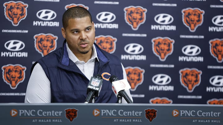 Mar 16, 2023; Lake Forest, IL, USA; Chicago Bears general manager Ryan Poles speaks during a press conference at Halas Hall Mar 16, 2023; Lake Forest, IL, USA; Chicago Bears general manager Ryan Poles speaks during a press conference at Halas Hall