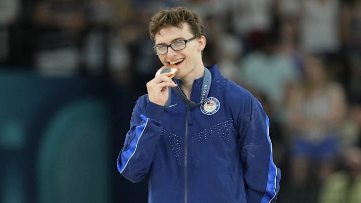 Stephen Nedoroscik of the United States poses for a photo with his bronze medal on the pommel horse on the first day of gymnastics event finals during the Paris 2024 Olympic Summer Games at Bercy Arena. 