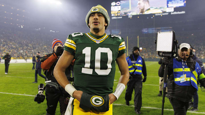Jan 7, 2024; Green Bay, Wisconsin, USA;  Green Bay Packers quarterback Jordan Love (10) walks off