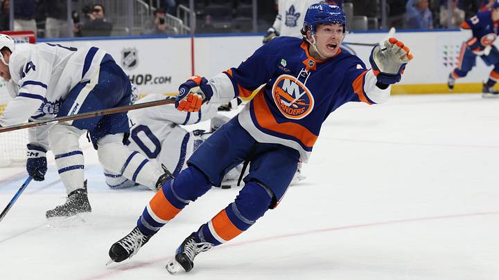 Jan 3, 2026; Elmont, New York, USA; New York Islanders defenseman Matthew Schaefer (48) celebrates after scoring the winning goal in overtime against the Toronto Maple Leafs at UBS Arena. Mandatory Credit: Thomas Salus-Imagn Images