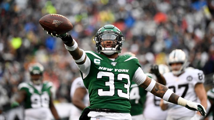 New York Jets strong safety Jamal Adams (33) celebrates after sacking Oakland Raiders quarterback Derek Carr (not pictured) in the first half of an NFL game at MetLife Stadium on Sunday, Nov. 24, 2019, on East Rutherford.