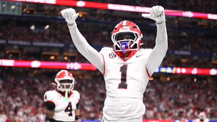 Dec 6, 2025; Atlanta, GA, USA; Georgia Bulldogs defensive back Ellis Robinson IV (1) celebrates after an incomplete pass in the end zone during the fourth quarter against the Alabama Crimson Tide during the 2025 SEC Championship game at Mercedes-Benz Stadium. Mandatory Credit: Brett Davis-Imagn Images