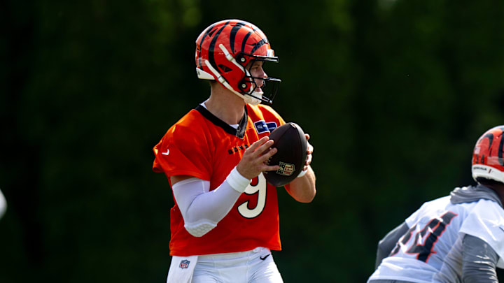 Cincinnati Bengals quarterback Joe Burrow (9) takes a snap during the Bengals camp in Cincinnati on July 27, 2025.
