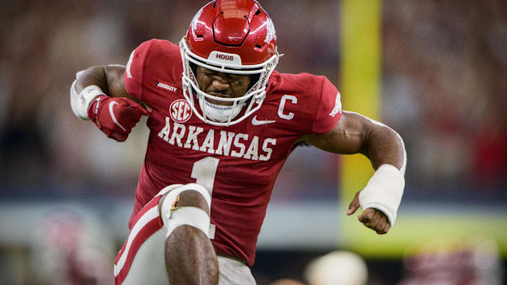 Sep 25, 2021; Arlington, Texas, USA; Arkansas Razorbacks defensive back Jalen Catalon (1) celebrates during the second half against the Texas A&M Aggies at AT&T Stadium. Mandatory Credit: Jerome Miron-Imagn Images