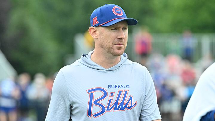 Jul 29, 2026; Rochester, NY, USA; Buffalo Bills head coach Joe Brady leaves the field after a training camp session at St. John Fisher University. Jul 29, 2026; Rochester, NY, USA; Buffalo Bills head coach Joe Brady leaves the field after a training camp session at St. John Fisher University.