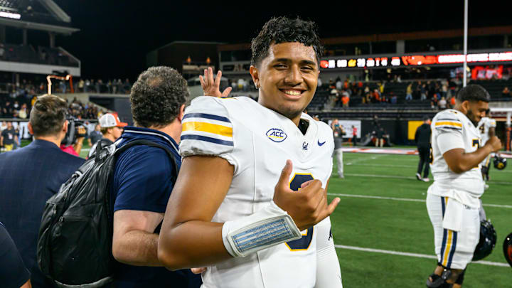 Aug 30, 2025; Corvallis, Oregon, USA; California Golden Bears quarterback Jaron-Keawe Sagapolutele (3) leaves the field after a win over the Oregon State Beavers at Reser Stadium. Mandatory Credit: Craig Strobeck-Imagn Images