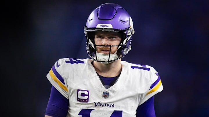 Jan 13, 2025; Glendale, AZ, USA; Minnesota Vikings quarterback Sam Darnold (14) against the Los Angeles Rams during an NFC wild card game at State Farm Stadium. Mandatory Credit: Mark J. Rebilas-Imagn Images Jan 13, 2025; Glendale, AZ, USA; Minnesota Vikings quarterback Sam Darnold (14) against the Los Angeles Rams during an NFC wild card game at State Farm Stadium. Mandatory Credit: Mark J. Rebilas-Imagn Images