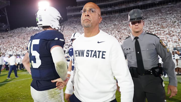 Penn State Nittany Lions head coach James Franklin and quarterback Drew Allar (15)