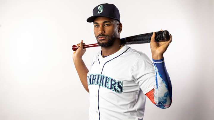 Feb 20, 2025; Peoria, AZ, USA; Seattle Mariners outfielder Lazaro Montes poses for a portrait during media day at Peoria Sports Complex. Mandatory Credit: Mark J. Rebilas-Imagn Images