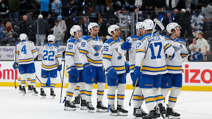 Apr 16, 2026; Salt Lake City, Utah, USA; The St. Louis Blues celebrate after defeating the Utah Mammoth at Delta Center. Mandatory Credit: Rob Gray-Imagn Images