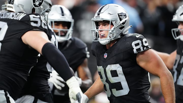 Nov 2, 2025; Paradise, Nevada, USA; Las Vegas Raiders tight end Brock Bowers (89) celebrates after scoring a touchdown during the second half against the Jacksonville Jaguars at Allegiant Stadium. Mandatory Credit: Stephen R. Sylvanie-Imagn Images