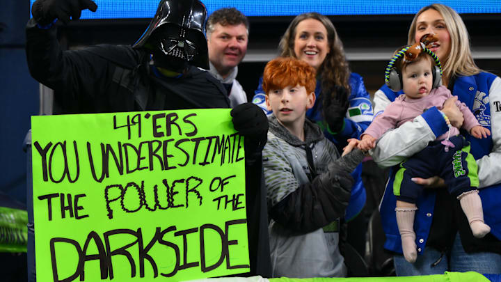 Jan 17, 2026; Seattle, WA, USA; Seattle Seahawk fans show their support for their teams defense during the second half against the San Francisco 49ers in an NFC Divisional Round game at Lumen Field. Mandatory Credit: Steven Bisig-Imagn Images