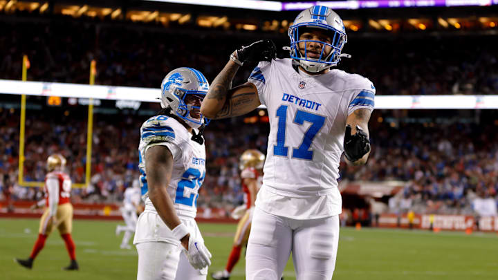 Dec 30, 2024; Santa Clara, California, USA; Detroit Lions wide receiver Tim Patrick (17) celebrates after a play during the third quarter against the San Francisco 49ers at Levi's Stadium. Mandatory Credit: Sergio Estrada-Imagn Images Dec 30, 2024; Santa Clara, California, USA; Detroit Lions wide receiver Tim Patrick (17) celebrates after a play during the third quarter against the San Francisco 49ers at Levi's Stadium. Mandatory Credit: Sergio Estrada-Imagn Images