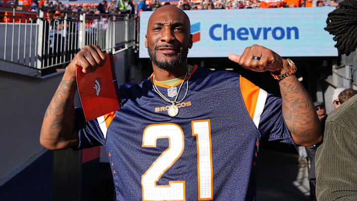 Nov 17, 2024; Denver, Colorado, USA; Retired American football player Aqib Talib during the second quarter between the Atlanta Falcons against the Denver Broncos at Empower Field at Mile High. Mandatory Credit: Ron Chenoy-Imagn Images Nov 17, 2024; Denver, Colorado, USA; Retired American football player Aqib Talib during the second quarter between the Atlanta Falcons against the Denver Broncos at Empower Field at Mile High. Mandatory Credit: Ron Chenoy-Imagn Images