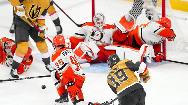 May 6, 2026; Las Vegas, Nevada, USA; Anaheim Ducks defenseman Pavel Mintyukov (98) blocks a shot by Vegas Golden Knights left wing Ivan Barbashev (49) during the third period of game two of the second round of the 2026 Stanley Cup Playoffs at T-Mobile Arena. Mandatory Credit: Stephen R. Sylvanie-Imagn Images