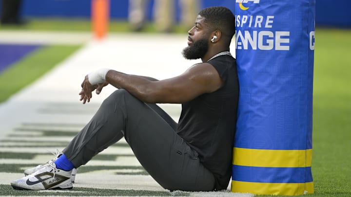 Jan 5, 2025; Inglewood, California, USA; Los Angeles Rams linebacker Jared Verse (8) looks out at the field prior to the game against the Seattle Seahawks at SoFi Stadium. Mandatory Credit: Jayne Kamin-Oncea-Imagn Images Jan 5, 2025; Inglewood, California, USA; Los Angeles Rams linebacker Jared Verse (8) looks out at the field prior to the game against the Seattle Seahawks at SoFi Stadium. Mandatory Credit: Jayne Kamin-Oncea-Imagn Images