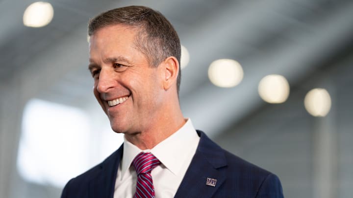 New Giants Head Coach John Harbaugh speaks with members of the media during a press conference welcoming Harbaugh at the Quest Diagnostics Training Center in East Rutherford on Tuesday, Jan. 20, 2025.